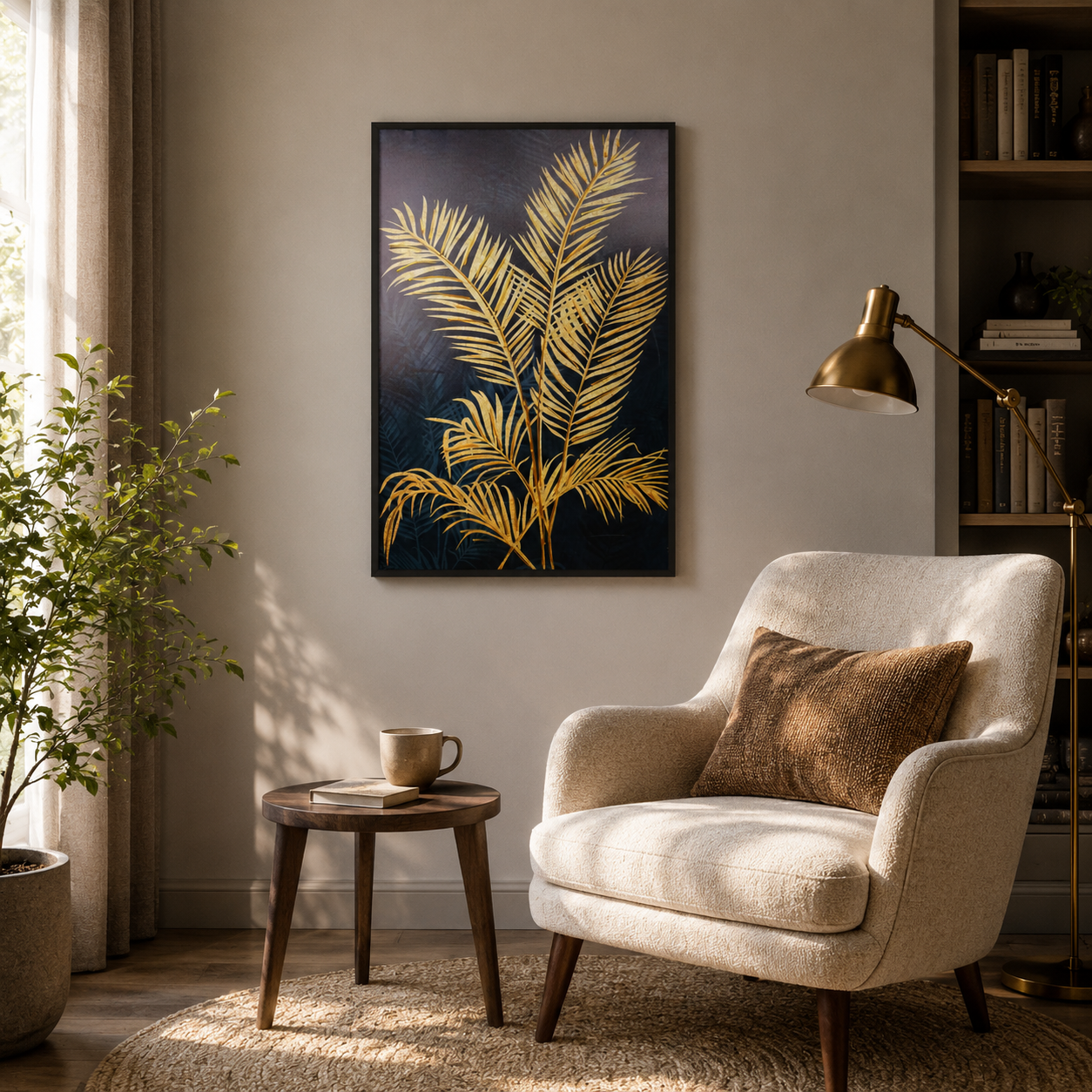 Gold Palm Leaf on Navy Blue