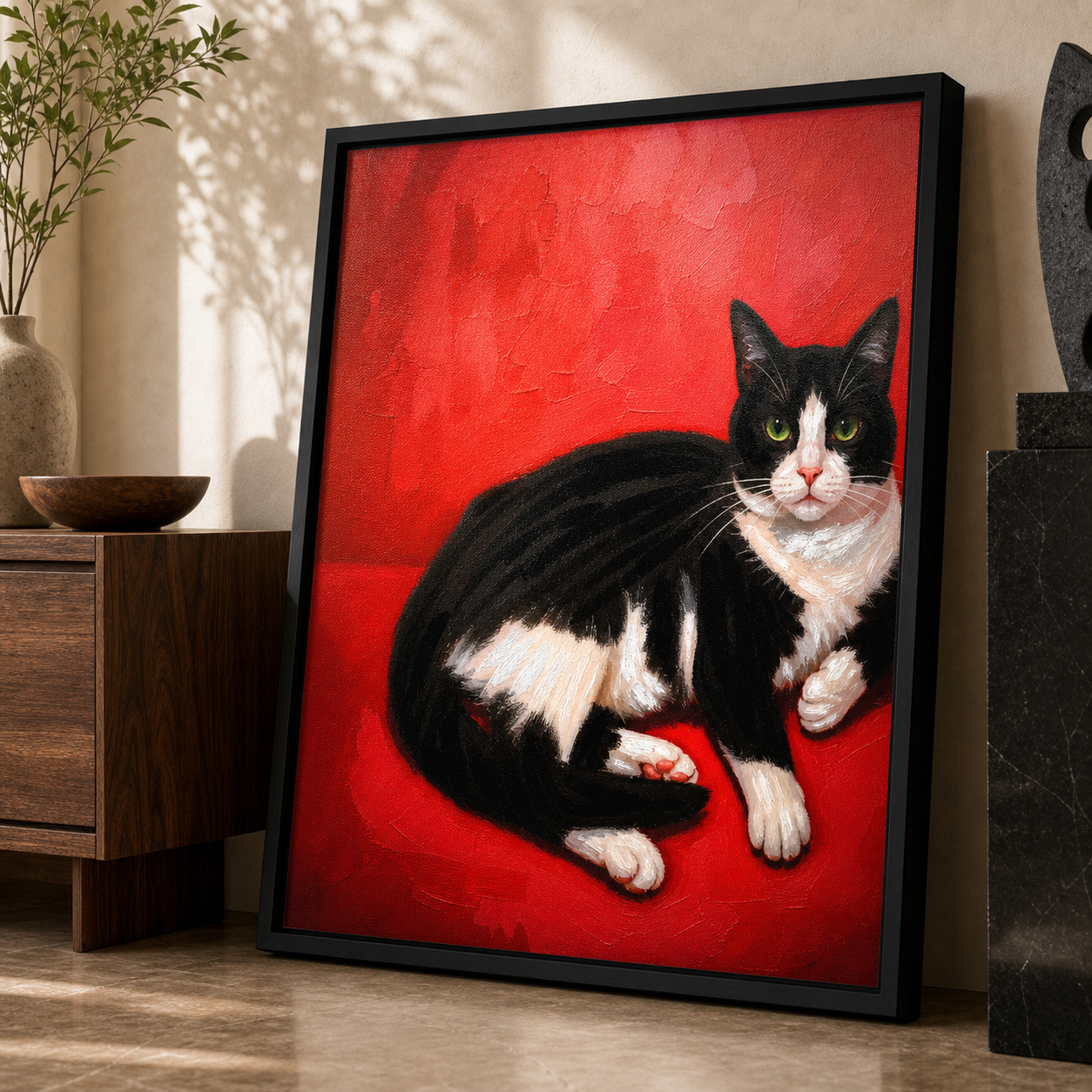 Black & White Tuxedo Cat on Red