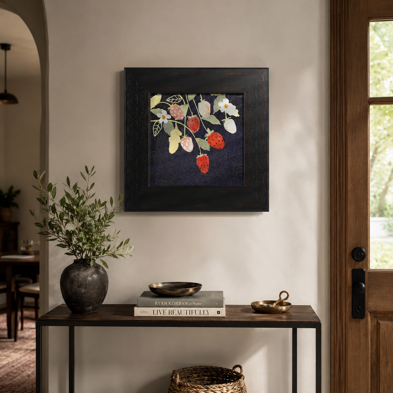 Red Fruit & White Flowers on Dark Background