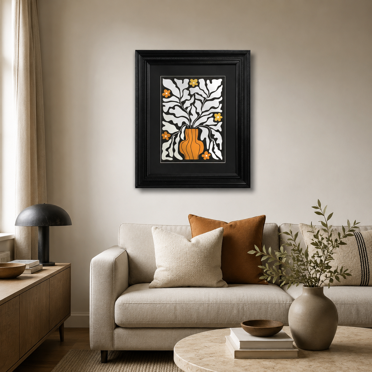 Abstract Orange Vase & White Leaves