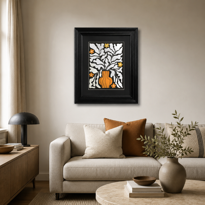 Abstract Orange Vase & White Leaves