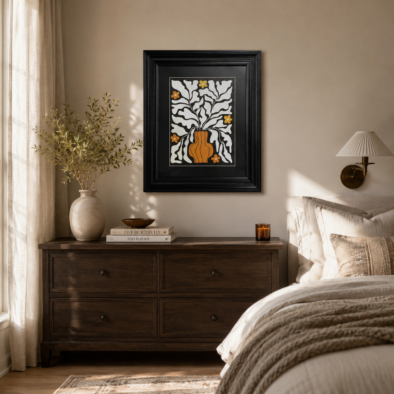 Abstract Orange Vase & White Leaves