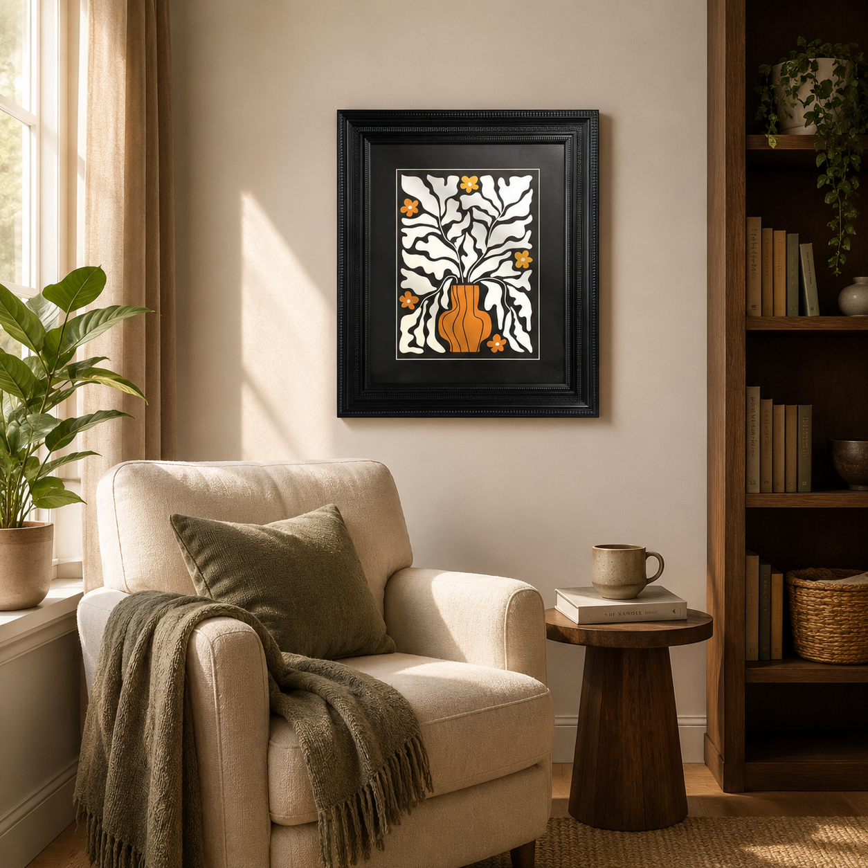 Abstract Orange Vase & White Leaves