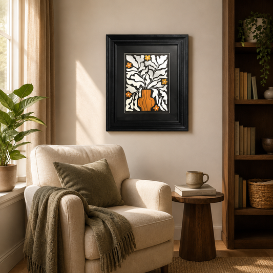 Abstract Orange Vase & White Leaves