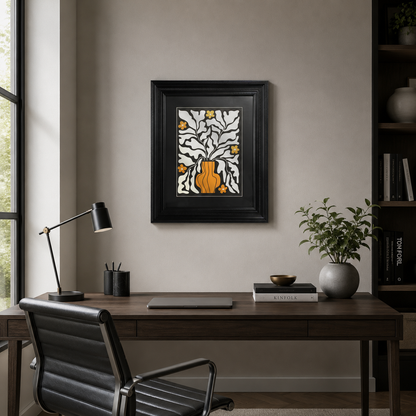 Abstract Orange Vase & White Leaves