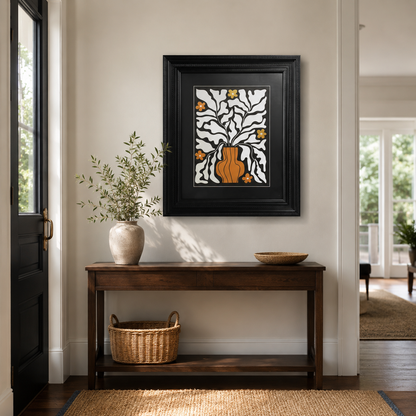 Abstract Orange Vase & White Leaves