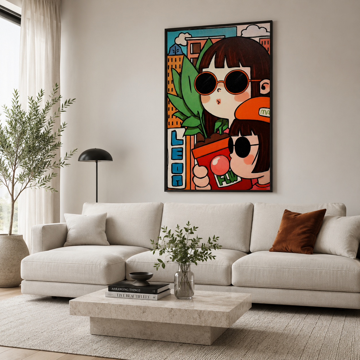 Cartoon Girls with Sunglasses & Plant