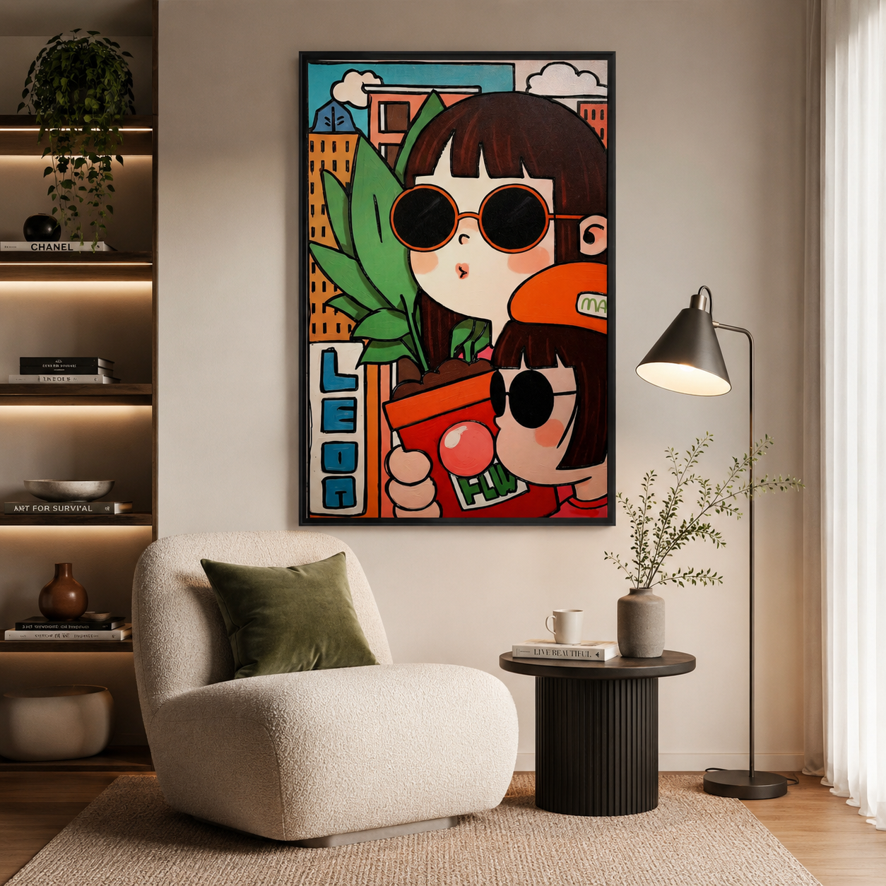 Cartoon Girls with Sunglasses & Plant