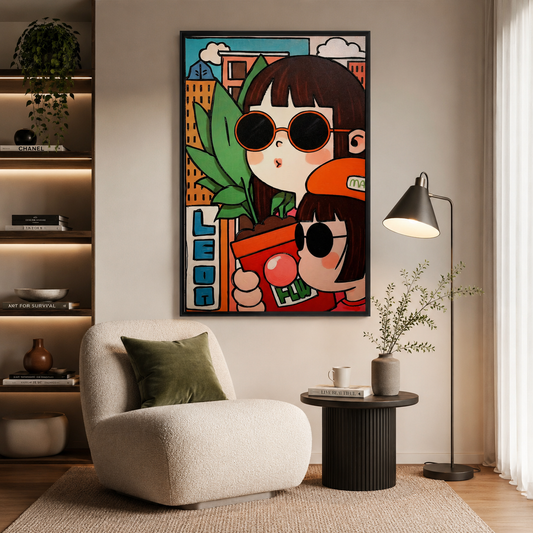 Cartoon Girls with Sunglasses & Plant