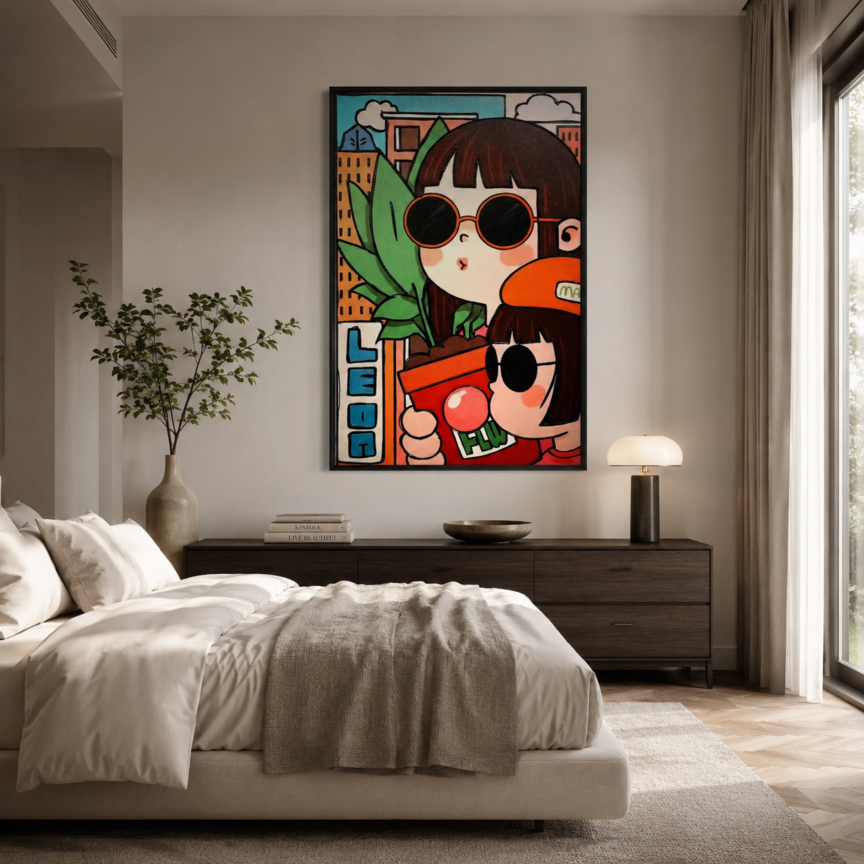 Cartoon Girls with Sunglasses & Plant