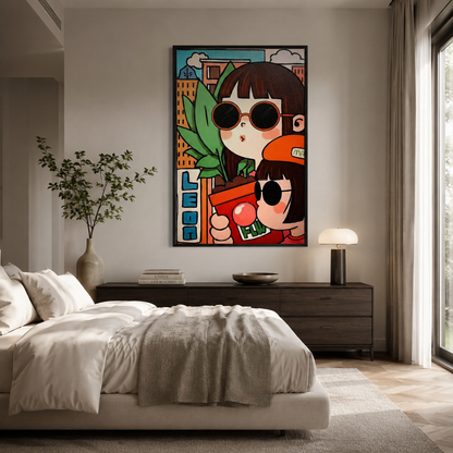 Cartoon Girls with Sunglasses & Plant
