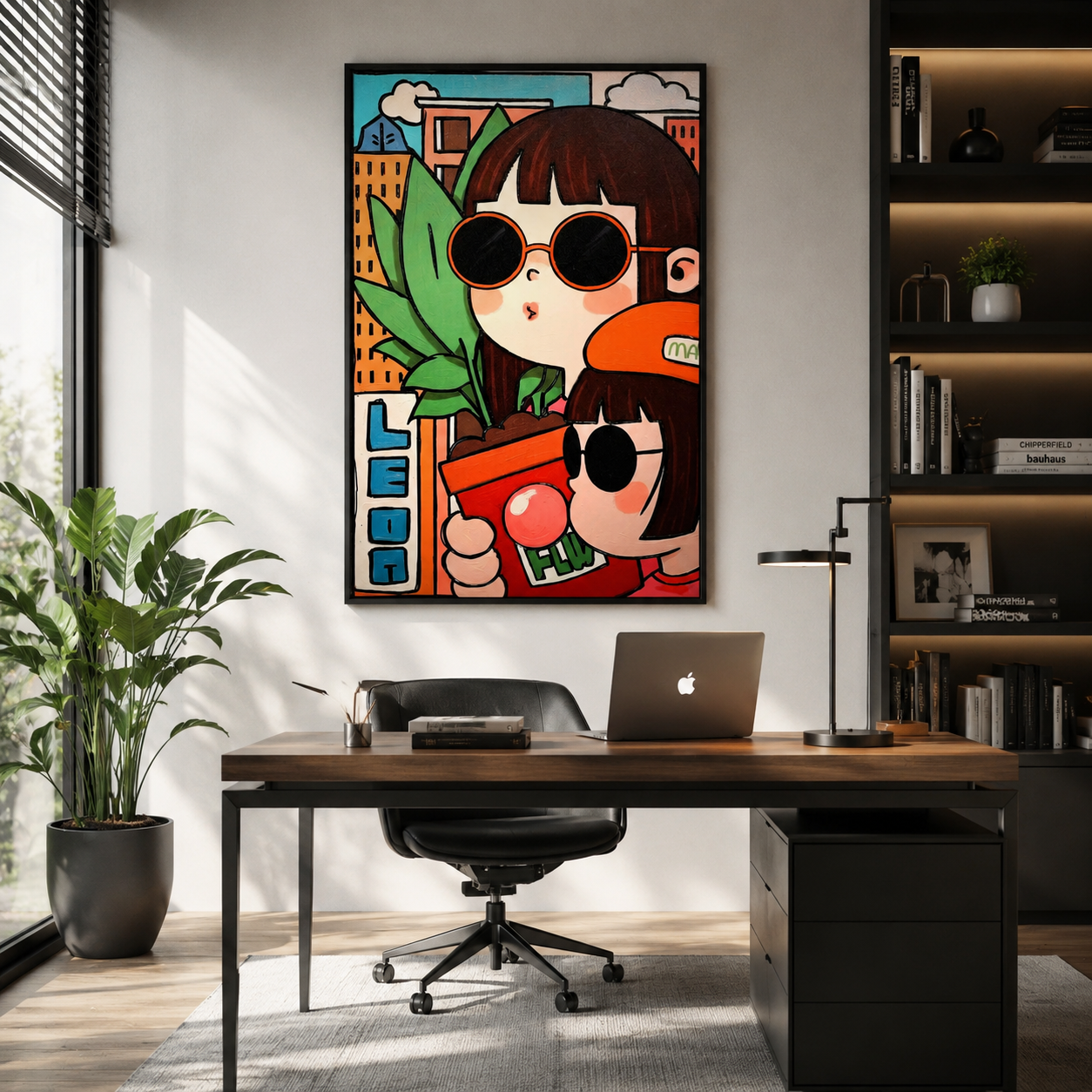 Cartoon Girls with Sunglasses & Plant