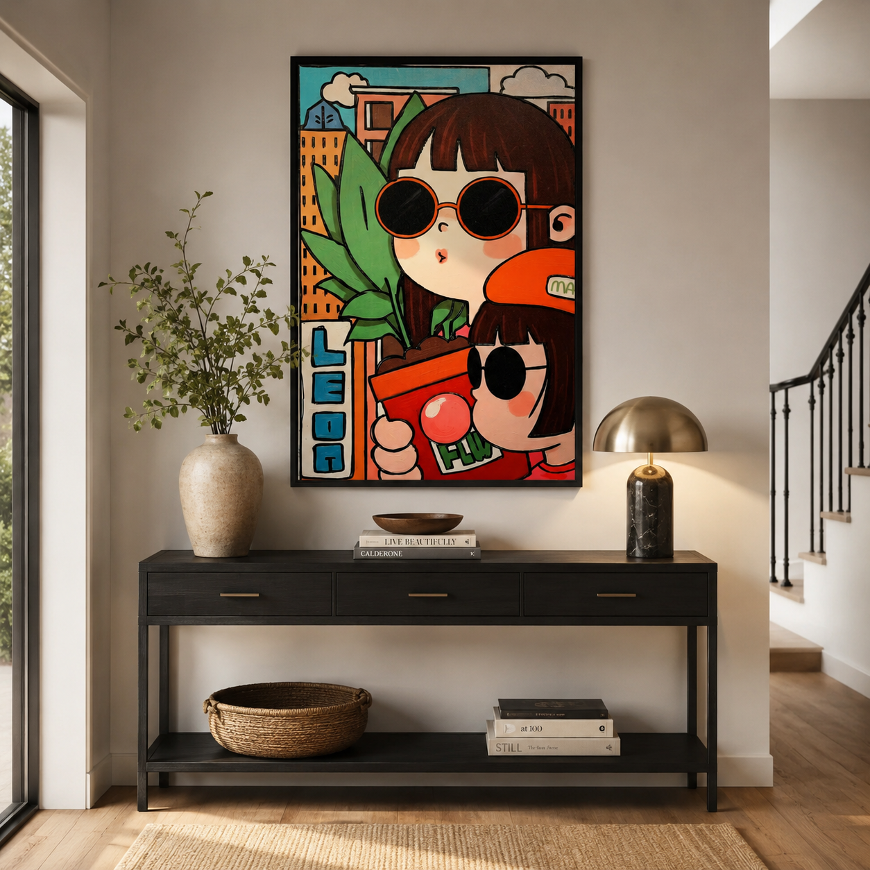 Cartoon Girls with Sunglasses & Plant
