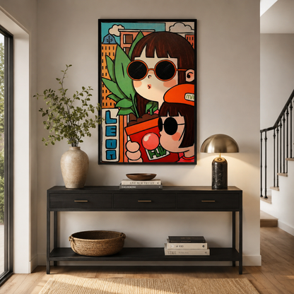 Cartoon Girls with Sunglasses & Plant