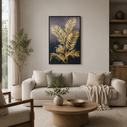 Gold Palm Leaf on Navy Blue