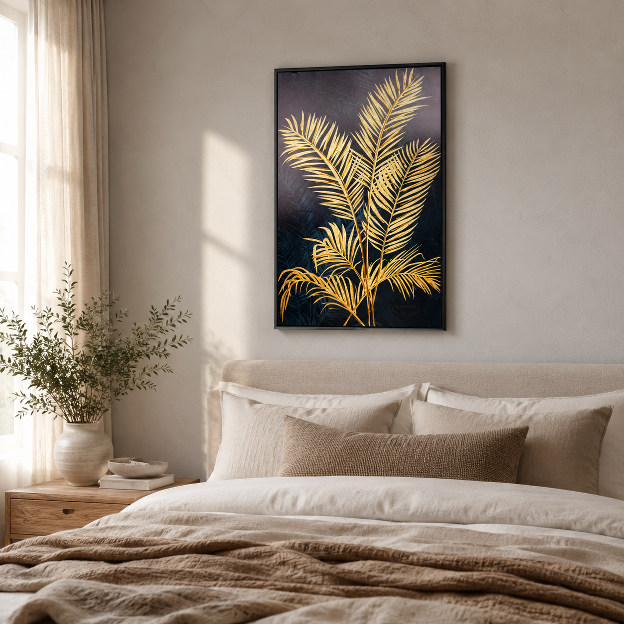 Gold Palm Leaf on Navy Blue