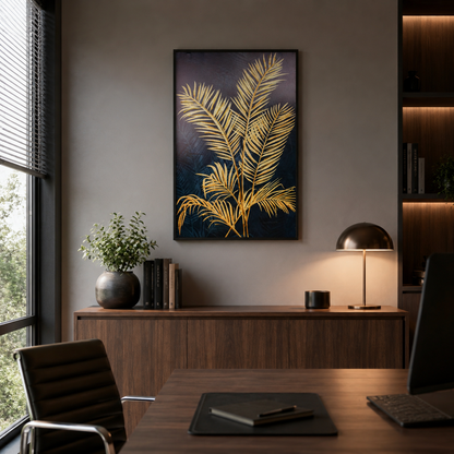 Gold Palm Leaf on Navy Blue