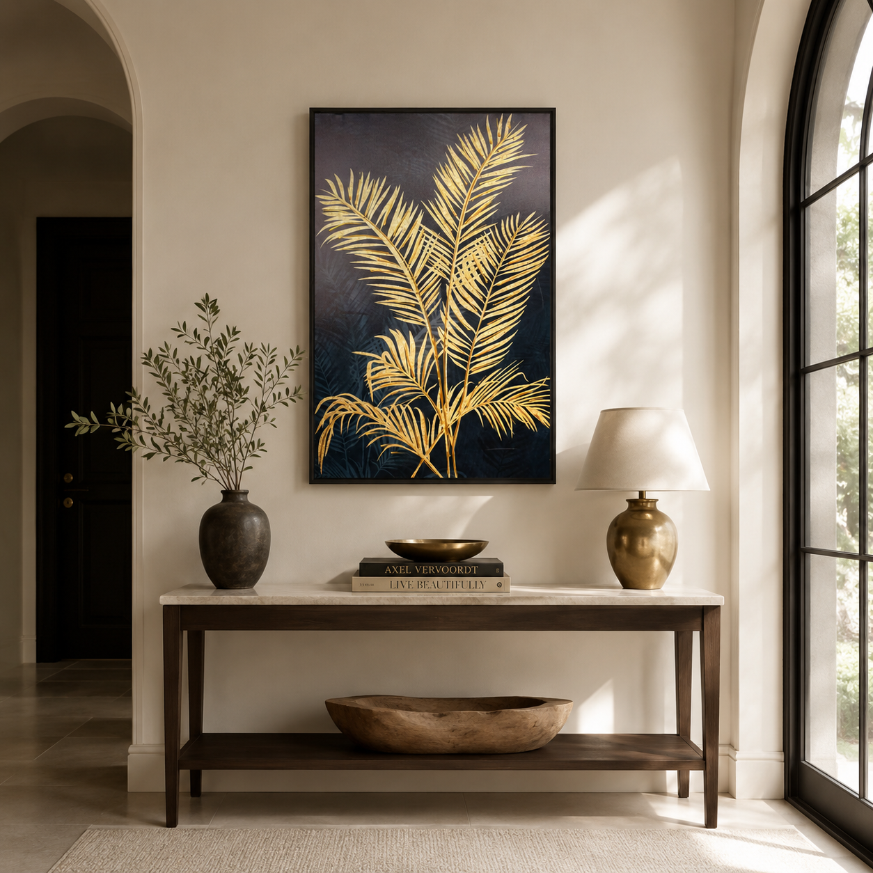 Gold Palm Leaf on Navy Blue