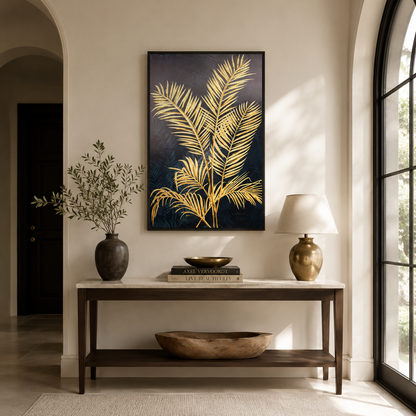 Gold Palm Leaf on Navy Blue