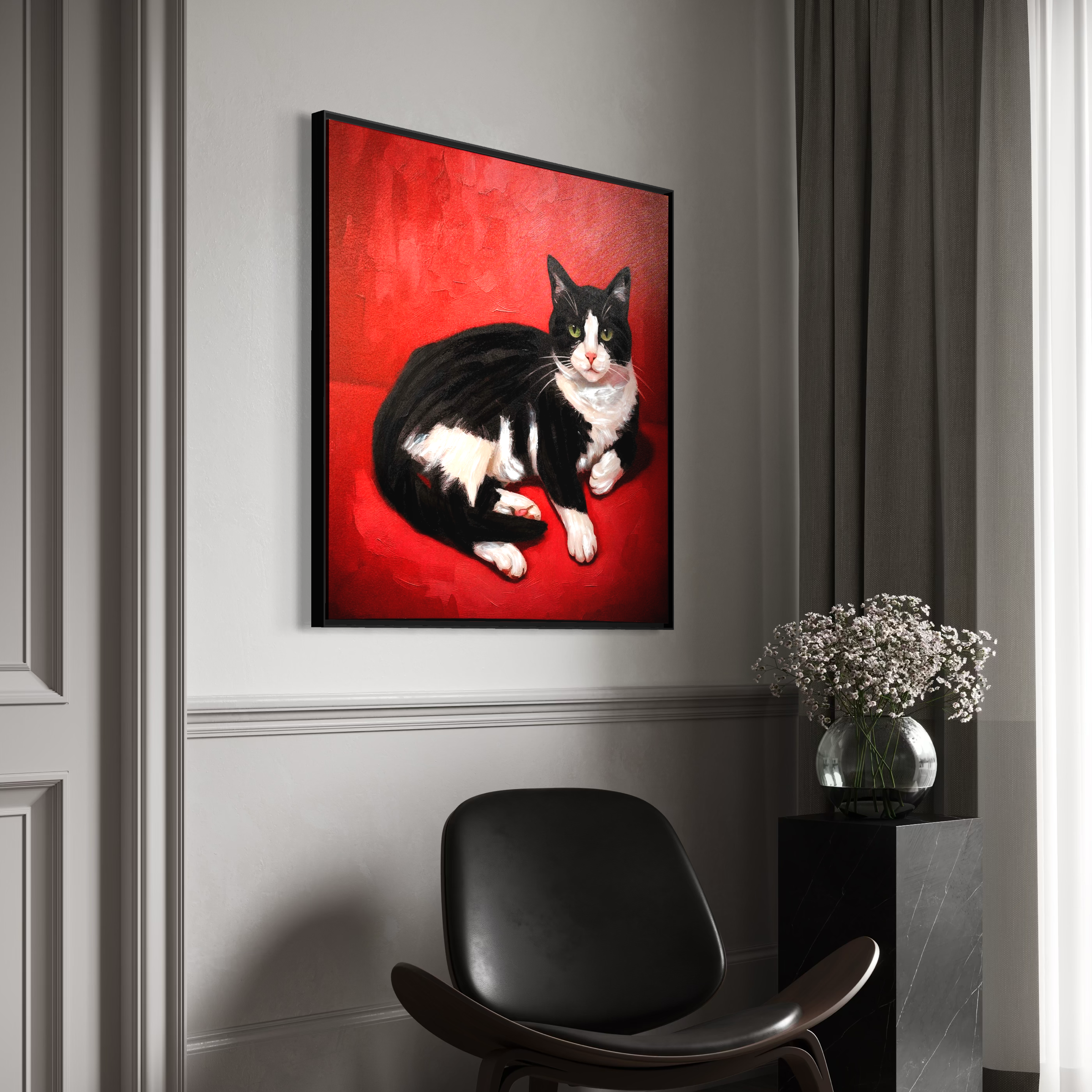 Large Cat Wall Art - Black & White Tuxedo Cat on Red - 100x100cm 3D Textured Frame