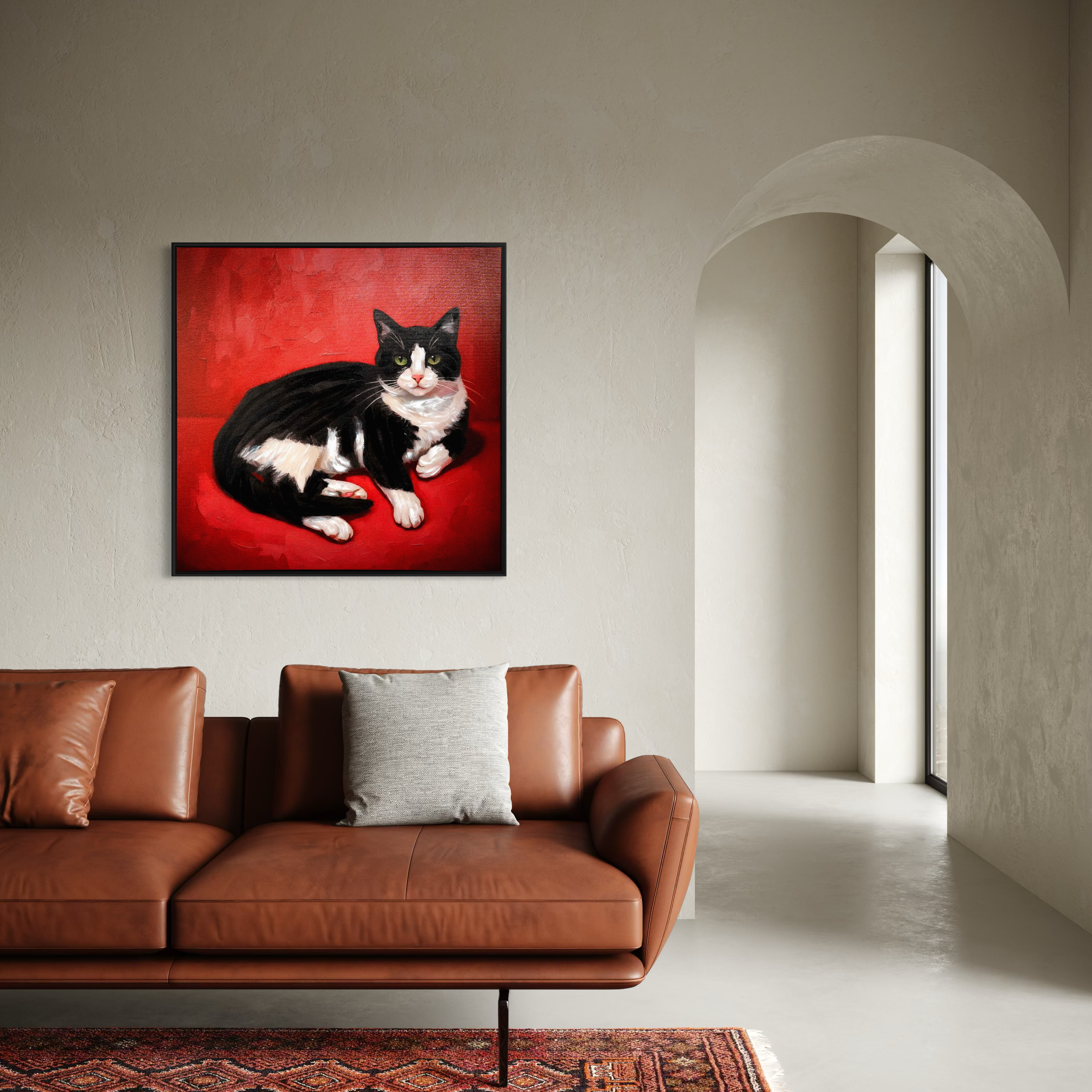 Large Cat Wall Art - Black & White Tuxedo Cat on Red - 100x100cm 3D Textured Frame