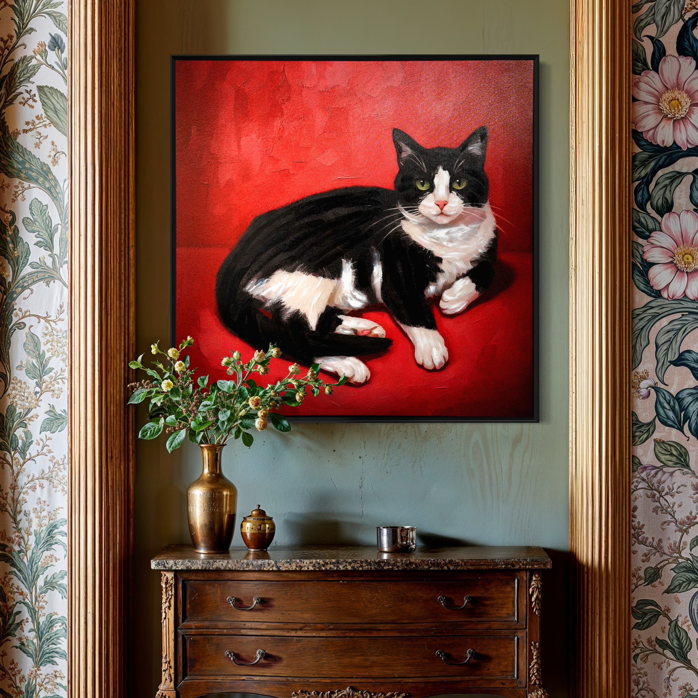 Large Cat Wall Art - Black & White Tuxedo Cat on Red - 100x100cm 3D Textured Frame