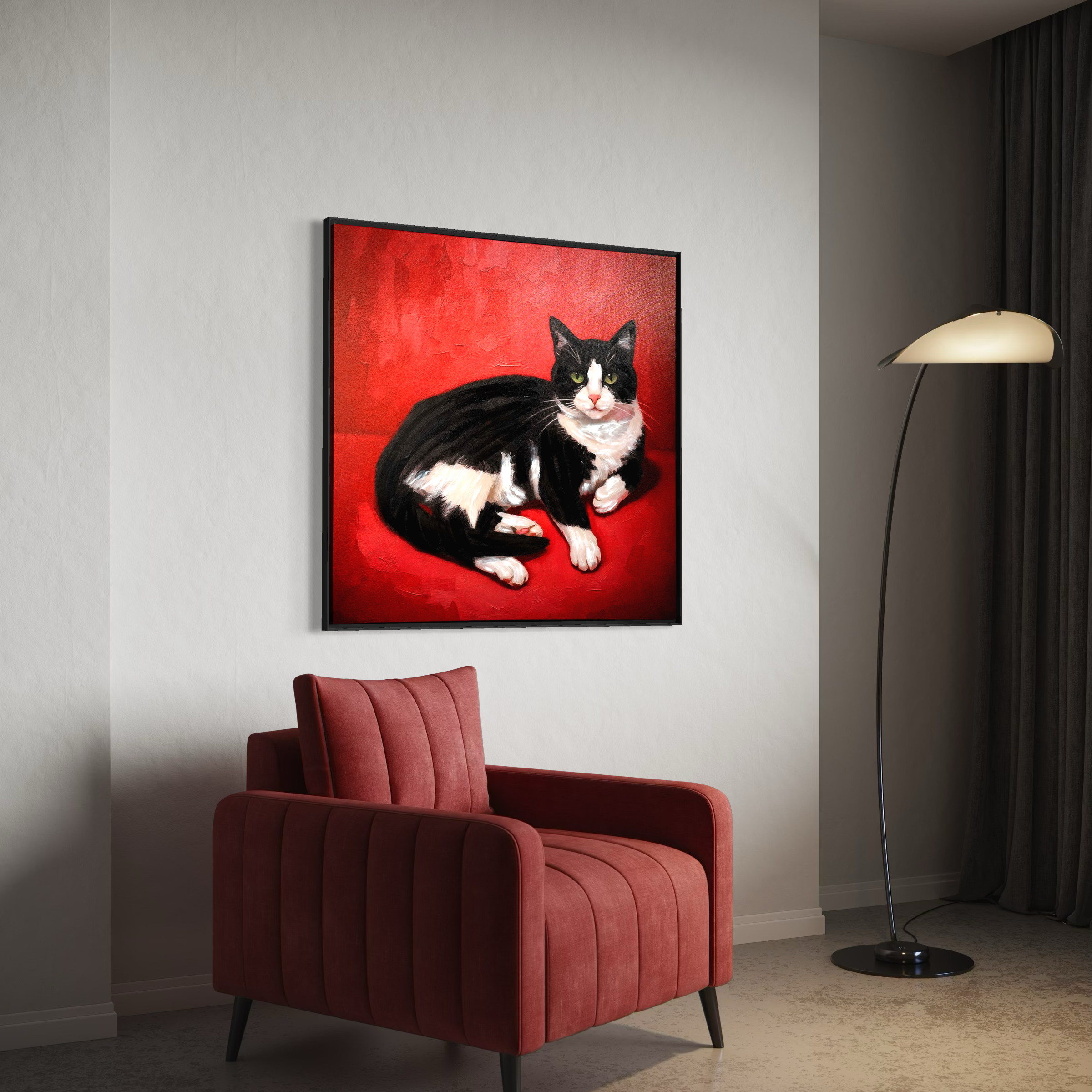 Large Cat Wall Art - Black & White Tuxedo Cat on Red - 100x100cm 3D Textured Frame