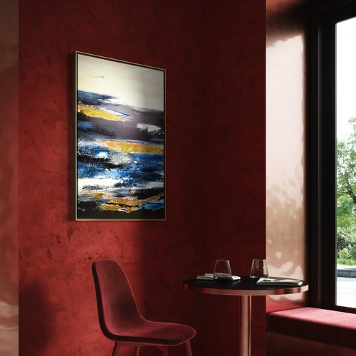 "Gilded Ocean" Modern Abstract Painting - Navy Blue & Gold Leaf Texture - 32x48" Luxury Framed Art