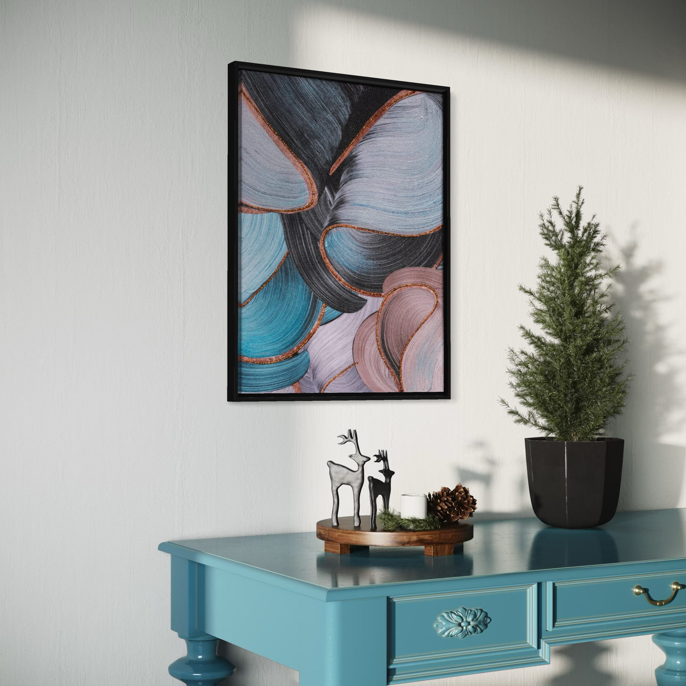 Modern Abstract Teal and Pink Wall Art | Semi-Hand-Painted Canvas 30x40cm Aluminum Frame