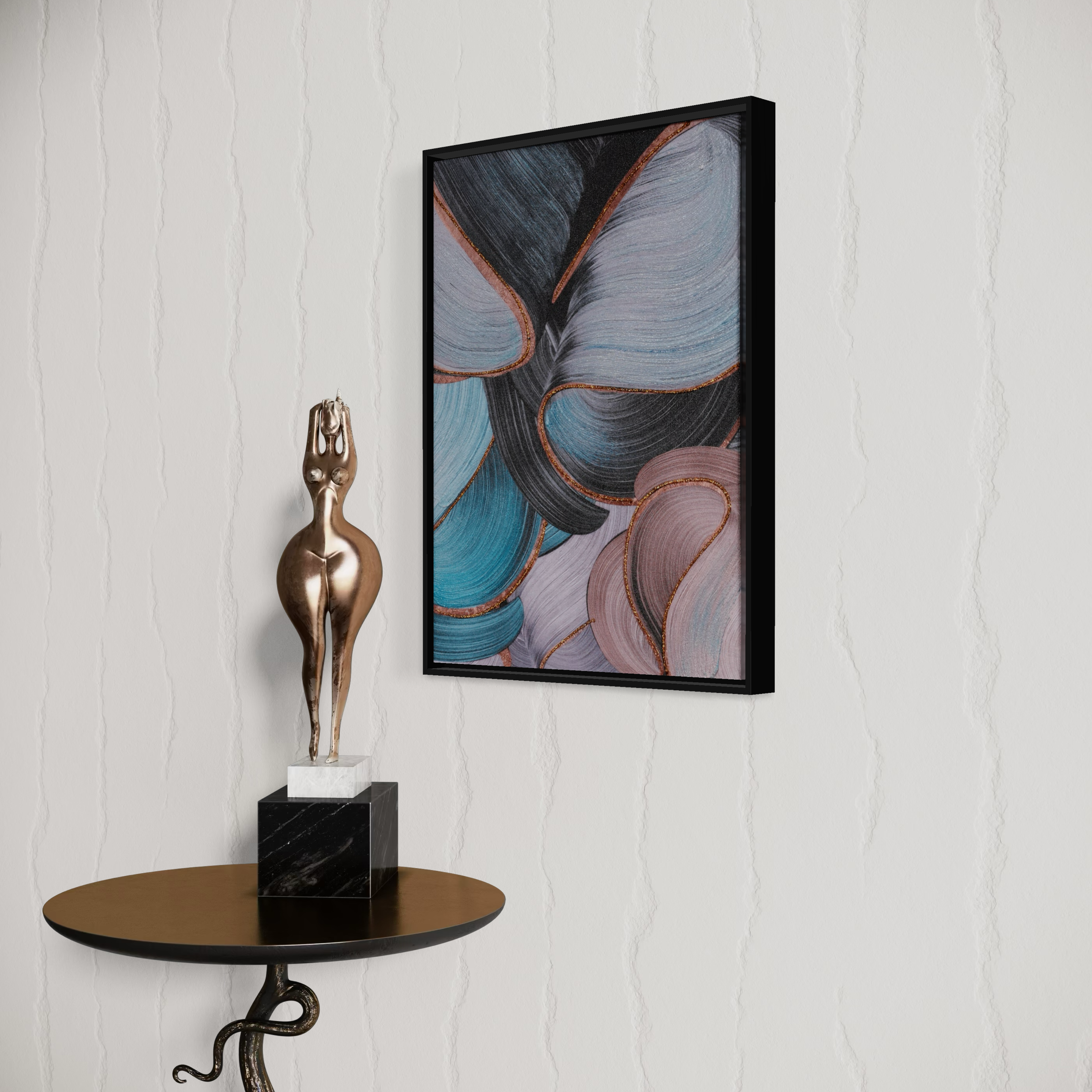 Modern Abstract Teal and Pink Wall Art | Semi-Hand-Painted Canvas 30x40cm Aluminum Frame