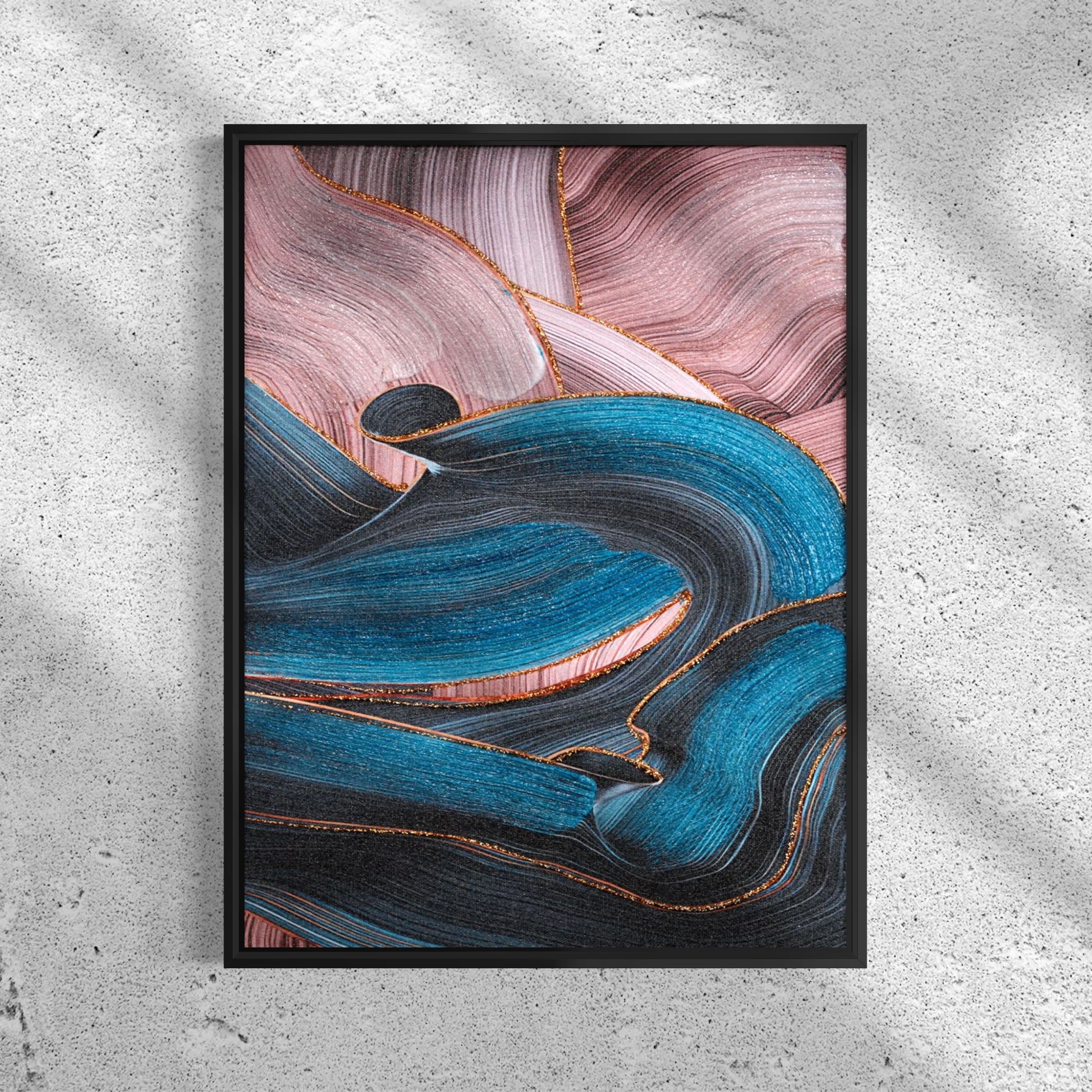 Modern Abstract Teal and Pink Fluid Wall Art | Semi-Hand-Painted Canvas 30x40cm Aluminum Frame