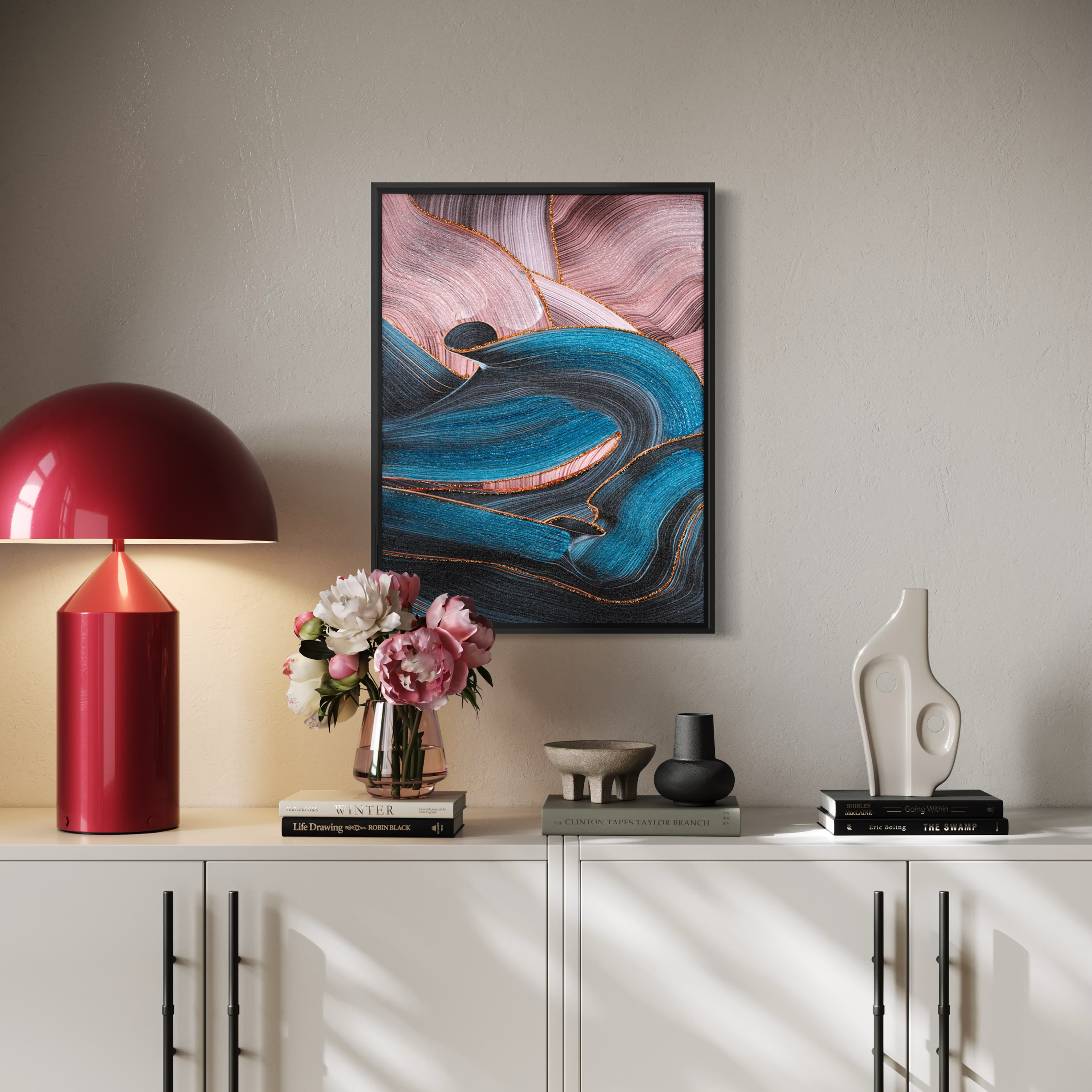 Modern Abstract Teal and Pink Fluid Wall Art | Semi-Hand-Painted Canvas 30x40cm Aluminum Frame
