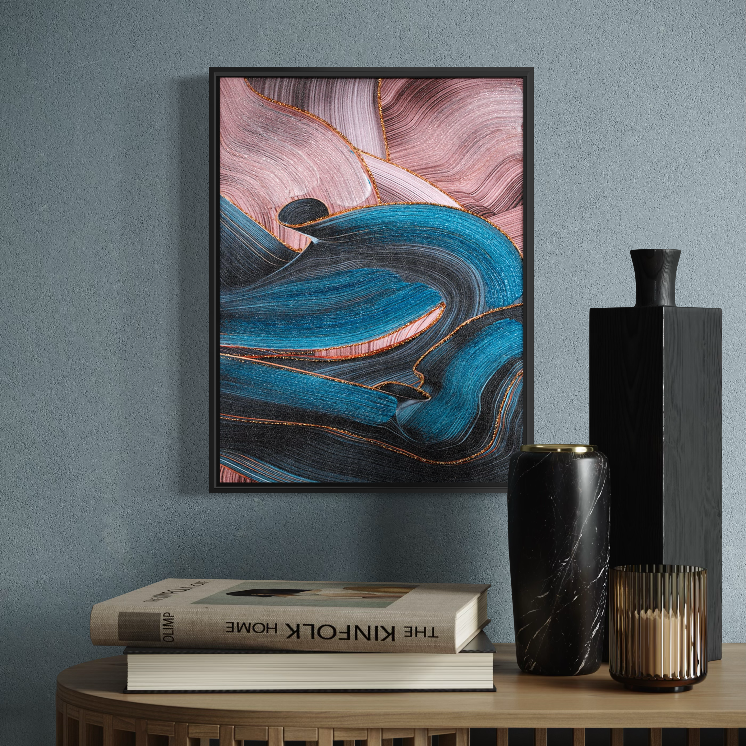 Modern Abstract Teal and Pink Fluid Wall Art | Semi-Hand-Painted Canvas 30x40cm Aluminum Frame