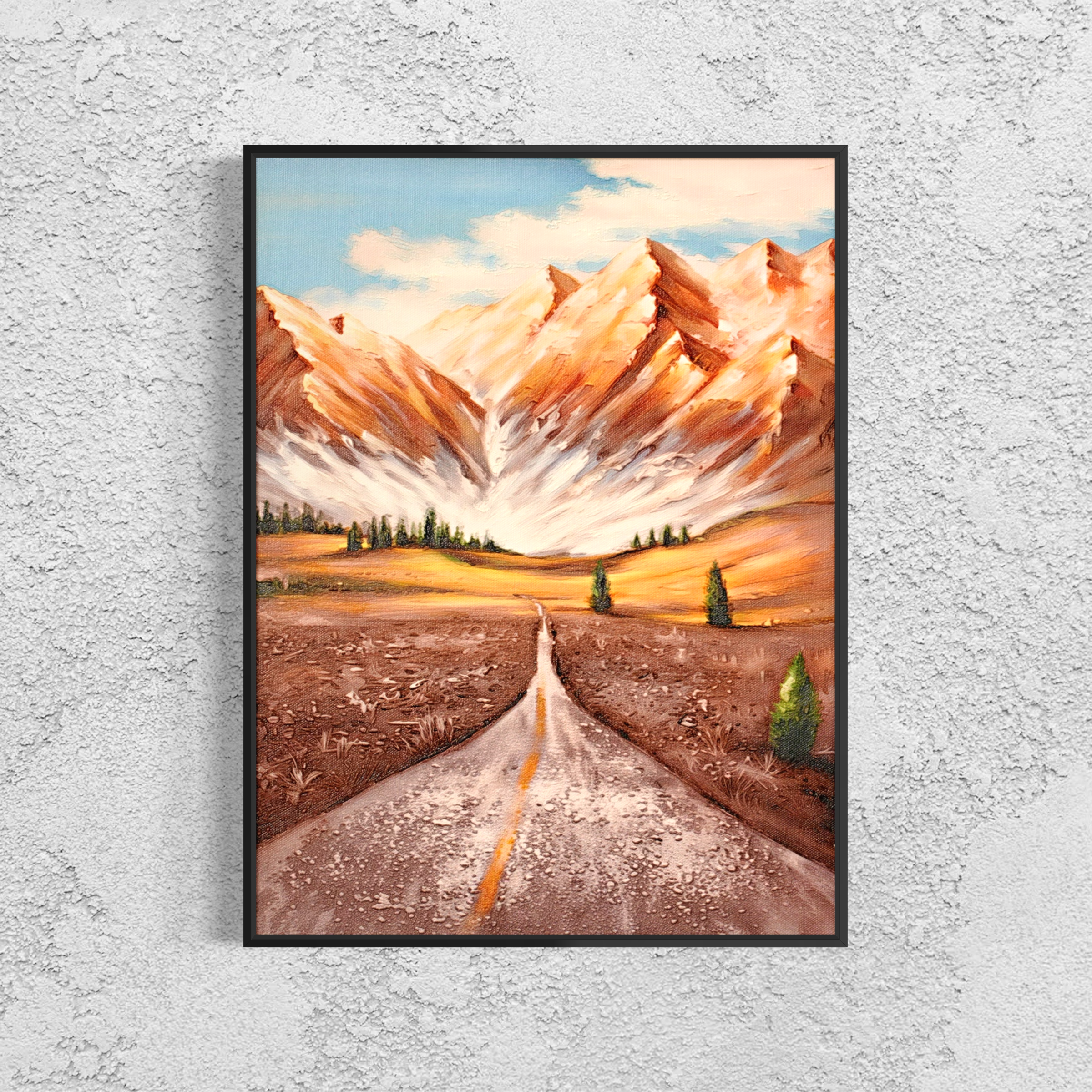 Amber Peaks Textured Mountain Road UV Framed Canvas Art