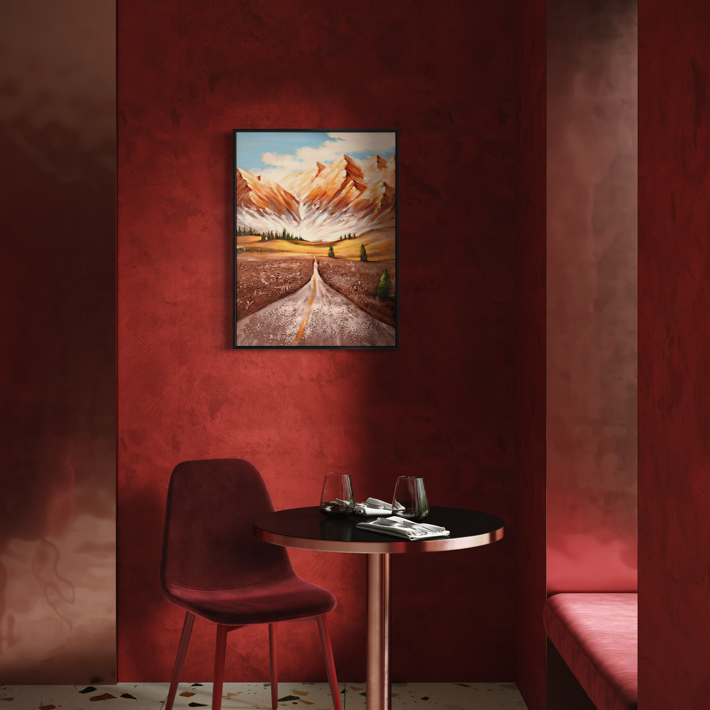 Amber Peaks Textured Mountain Road UV Framed Canvas Art