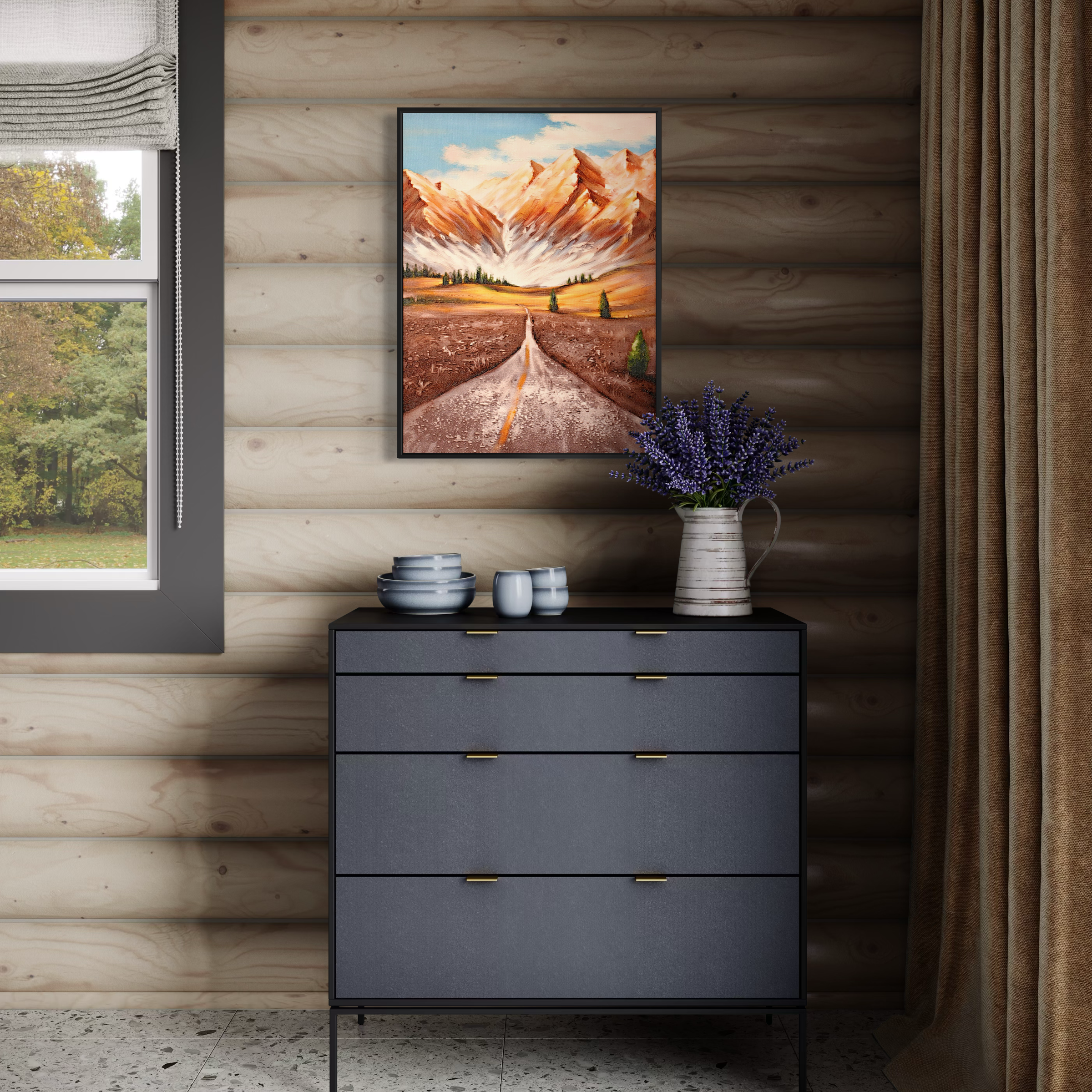 Amber Peaks Textured Mountain Road UV Framed Canvas Art