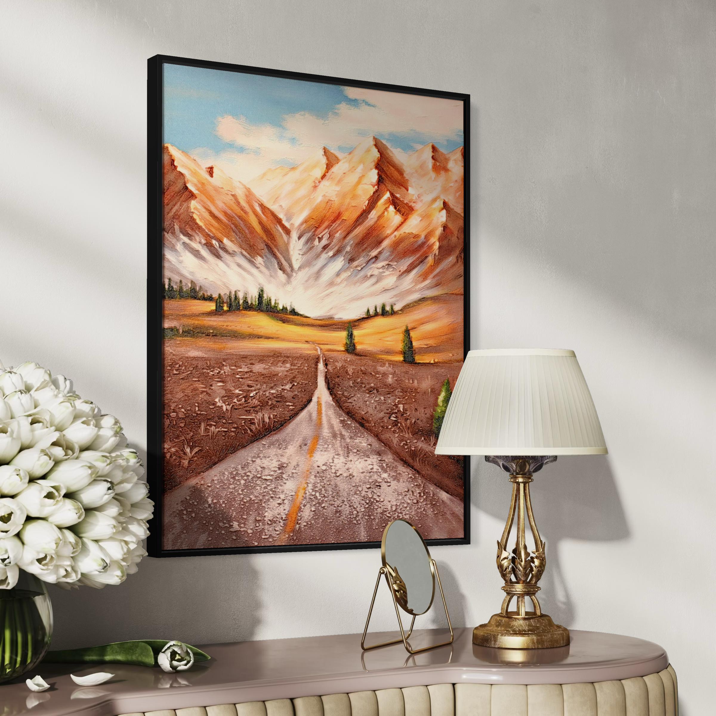 Amber Peaks Textured Mountain Road UV Framed Canvas Art