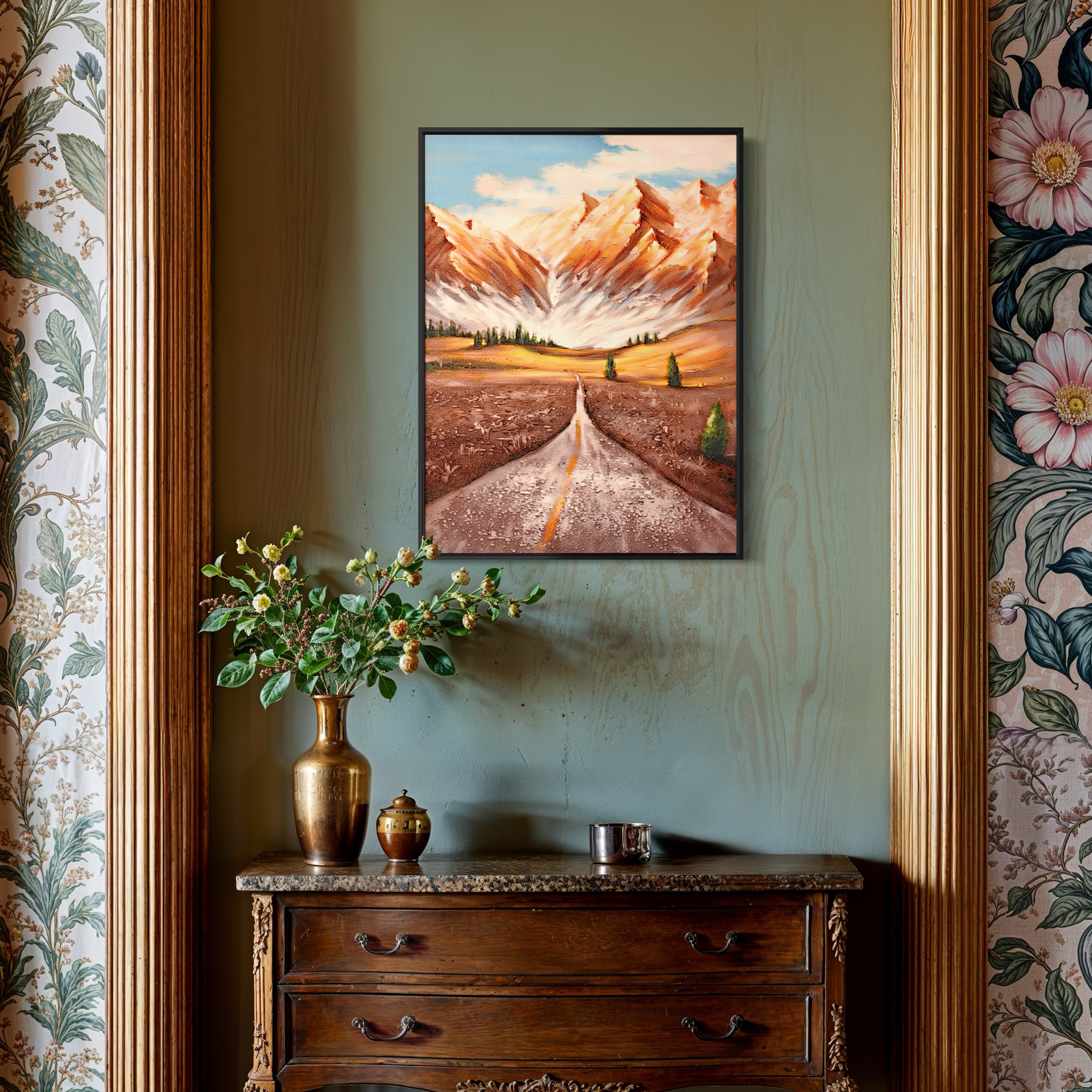 Amber Peaks Textured Mountain Road UV Framed Canvas Art