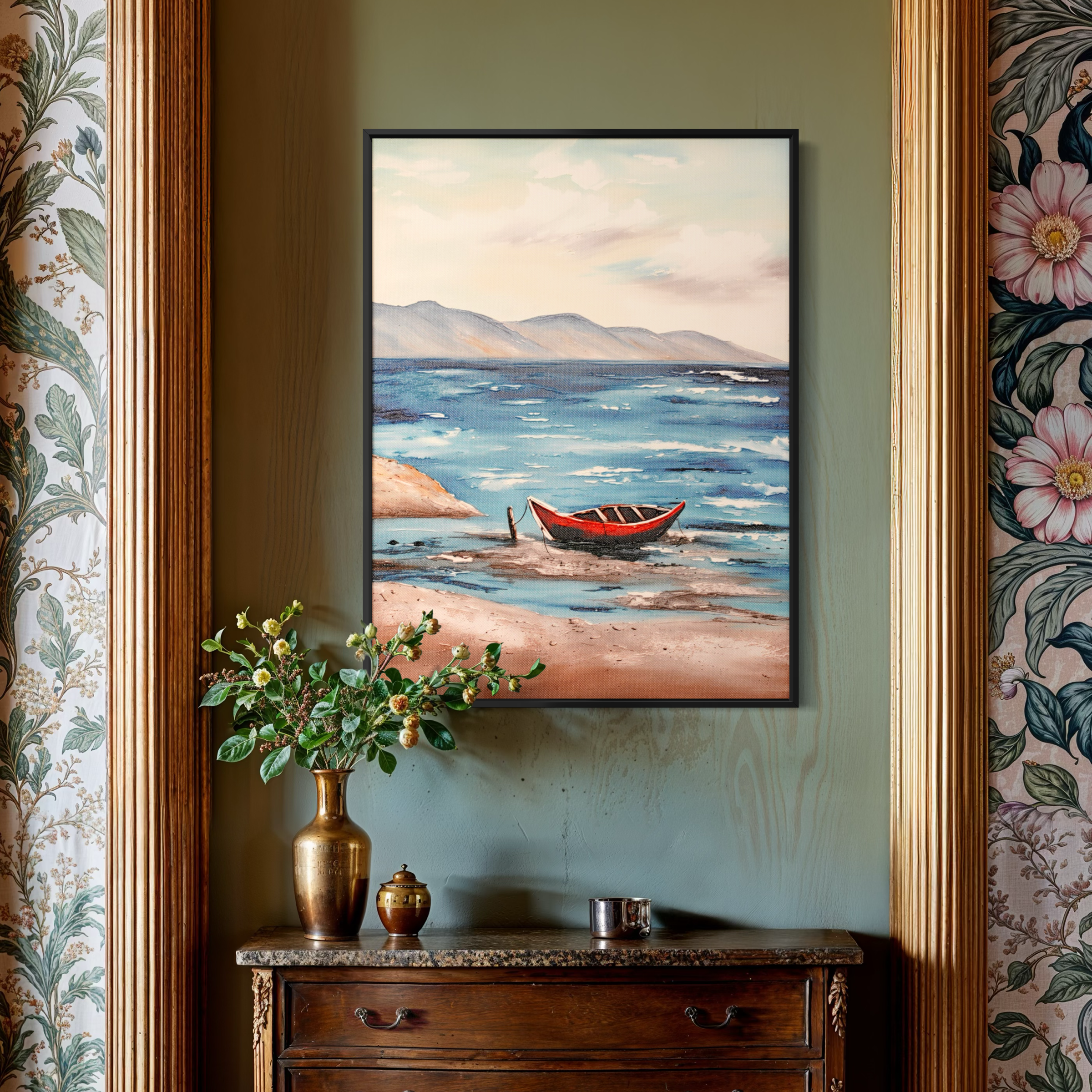 Crimson Cove Coastal Red Boat UV Framed Canvas Art