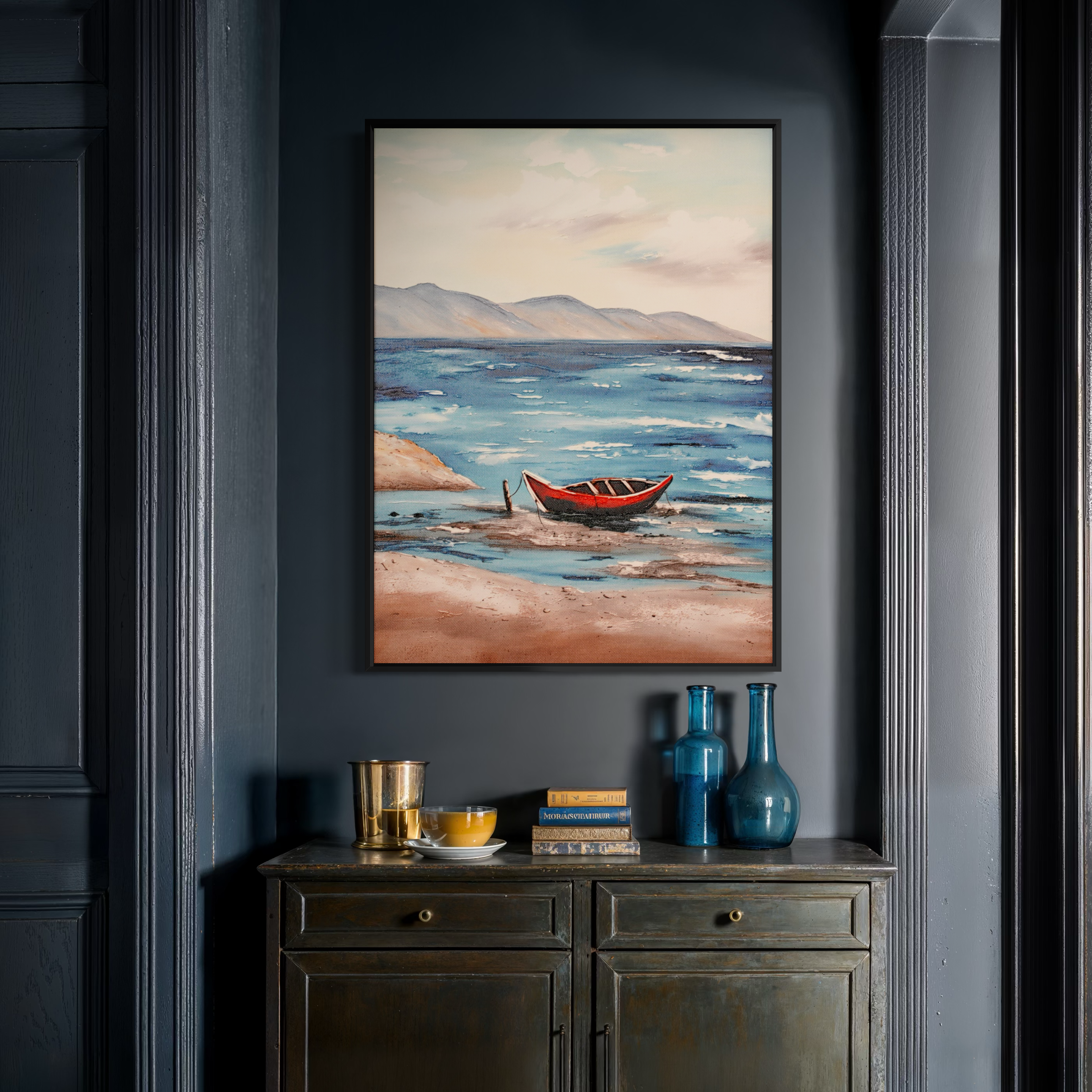 Crimson Cove Coastal Red Boat UV Framed Canvas Art