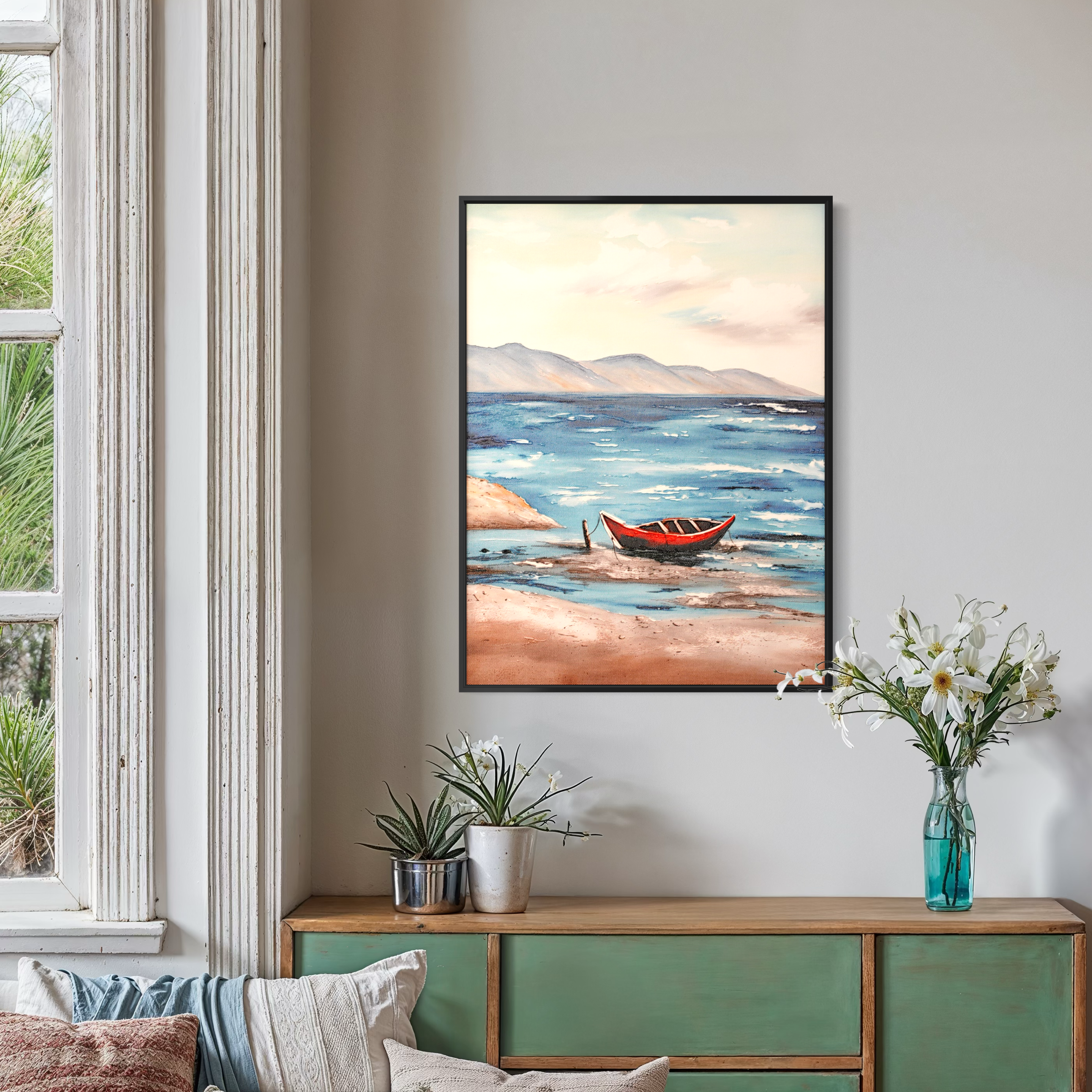 Crimson Cove Coastal Red Boat UV Framed Canvas Art