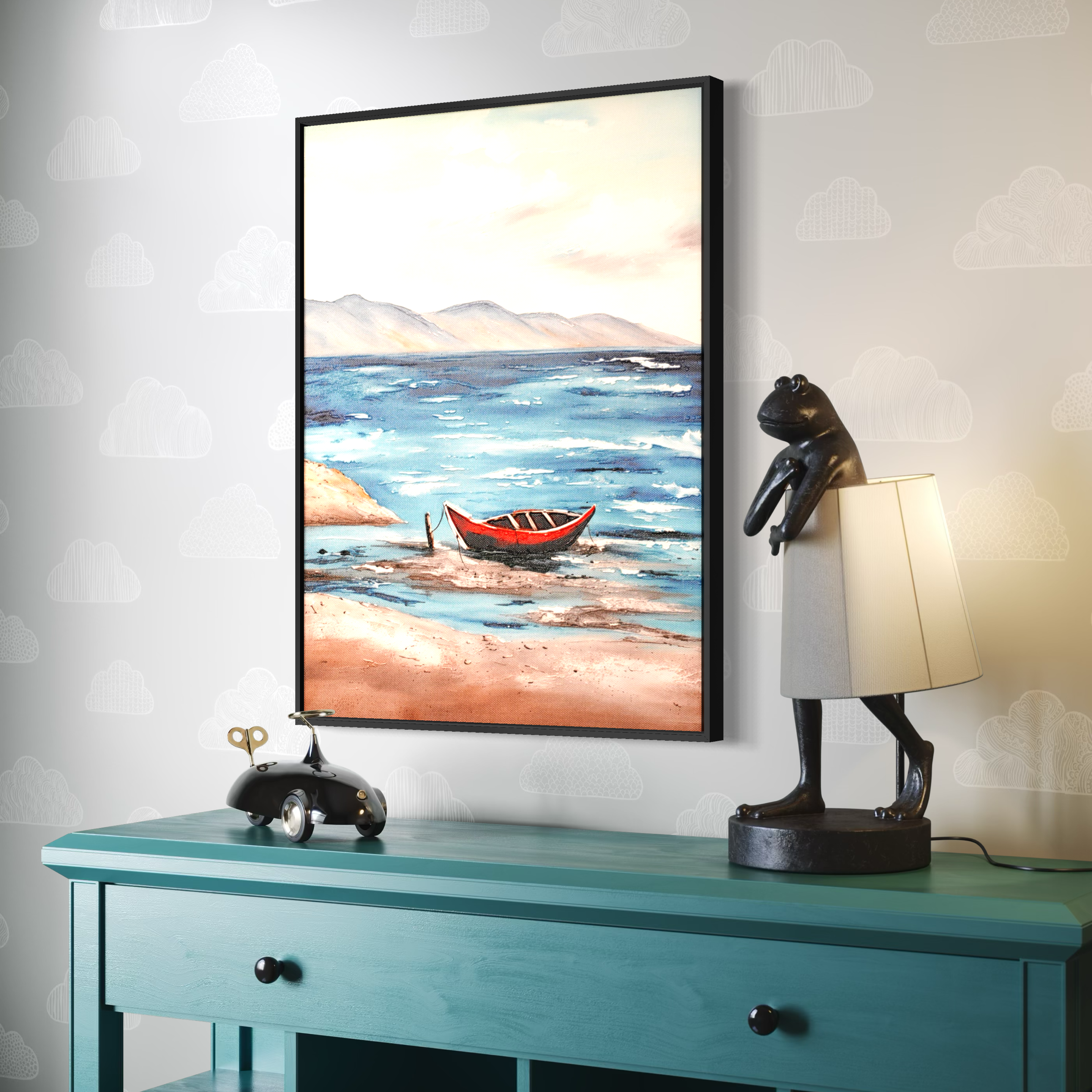 Crimson Cove Coastal Red Boat UV Framed Canvas Art
