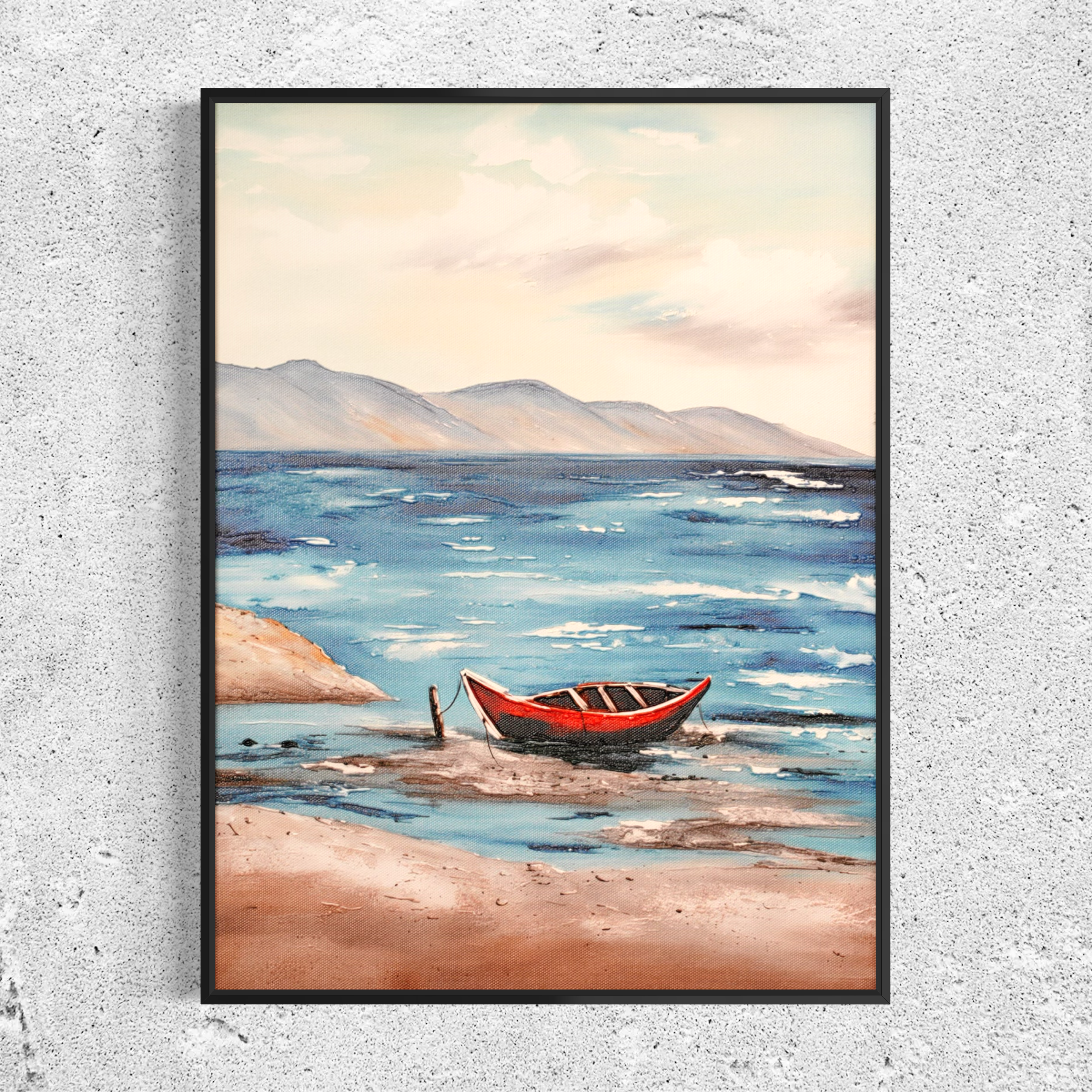Crimson Cove Coastal Red Boat UV Framed Canvas Art