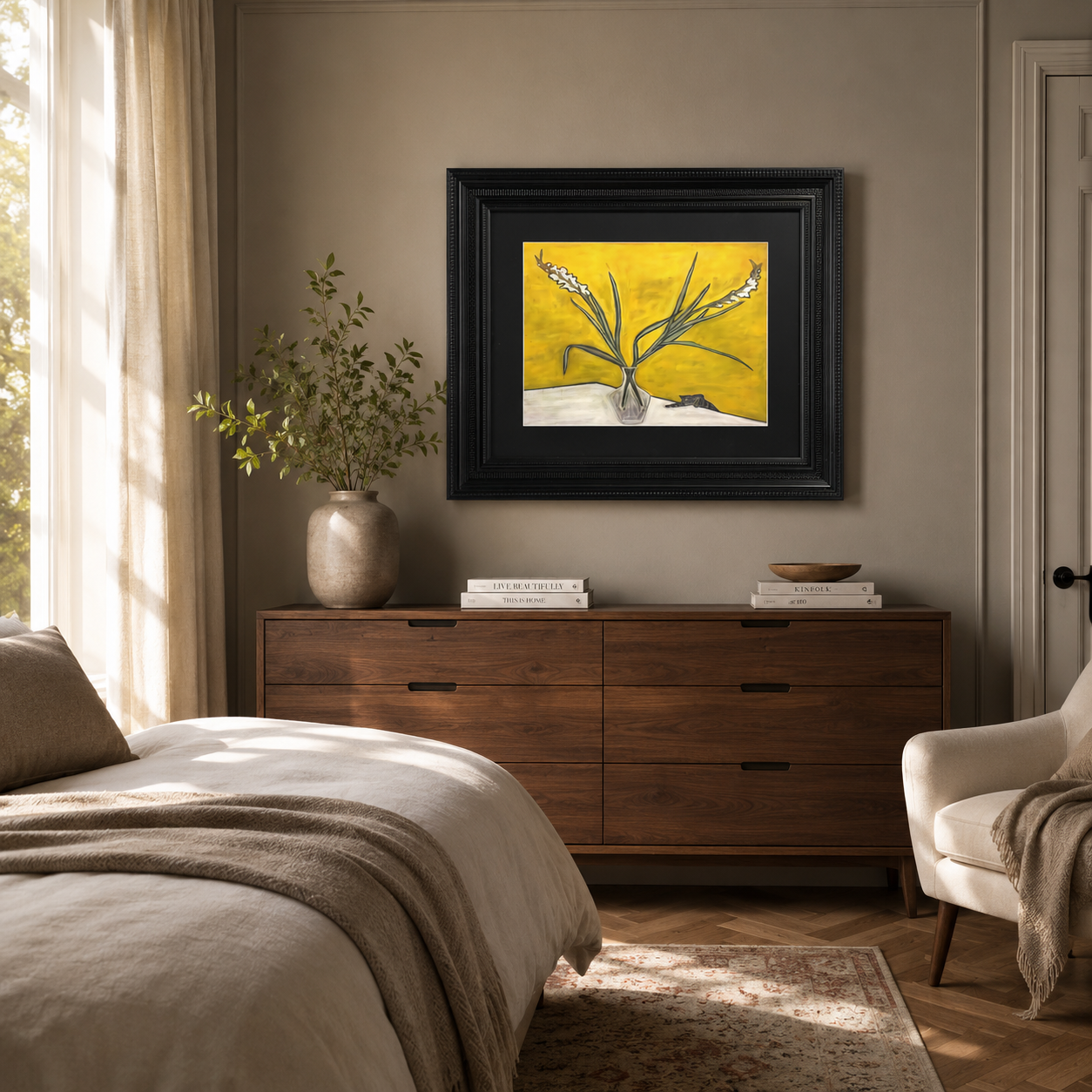Modern Yellow Floral with Cat