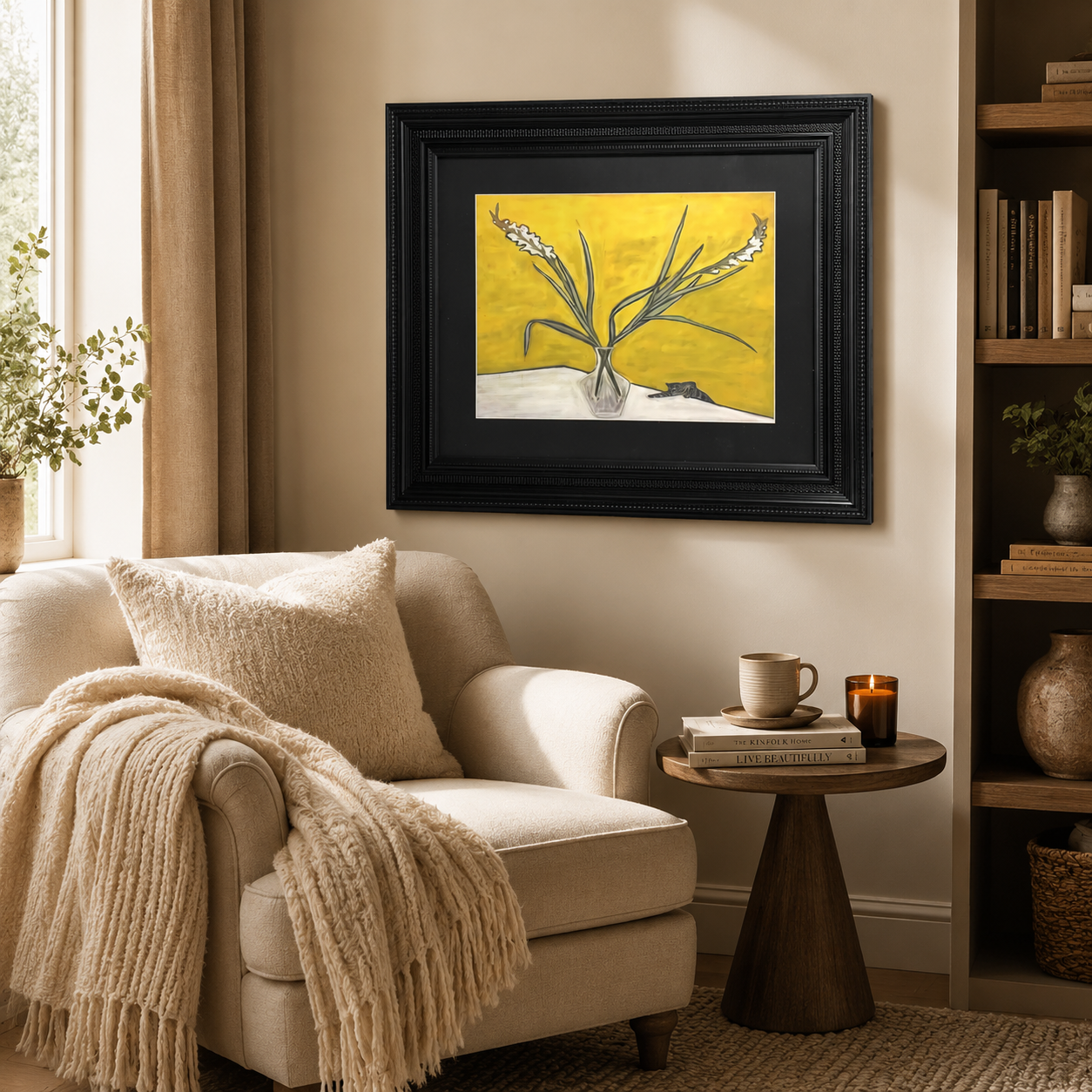 Modern Yellow Floral with Cat
