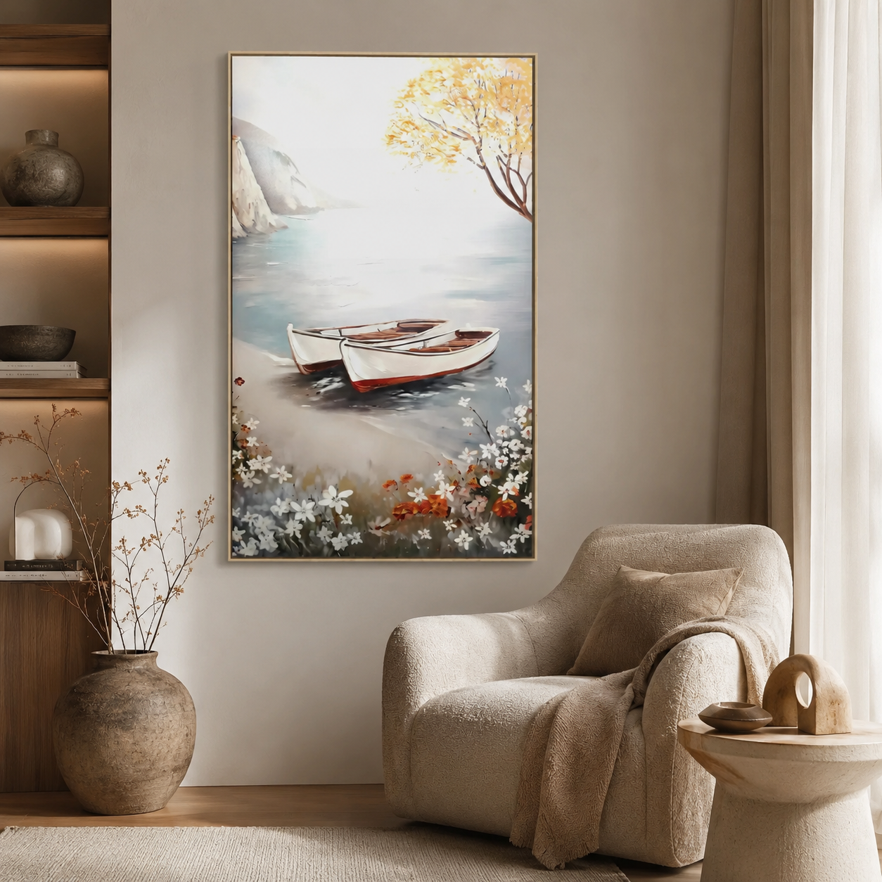 Two Rowboats on Lake Shore