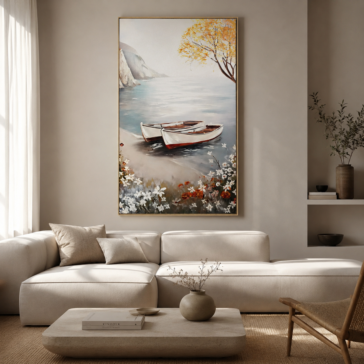 Two Rowboats on Lake Shore