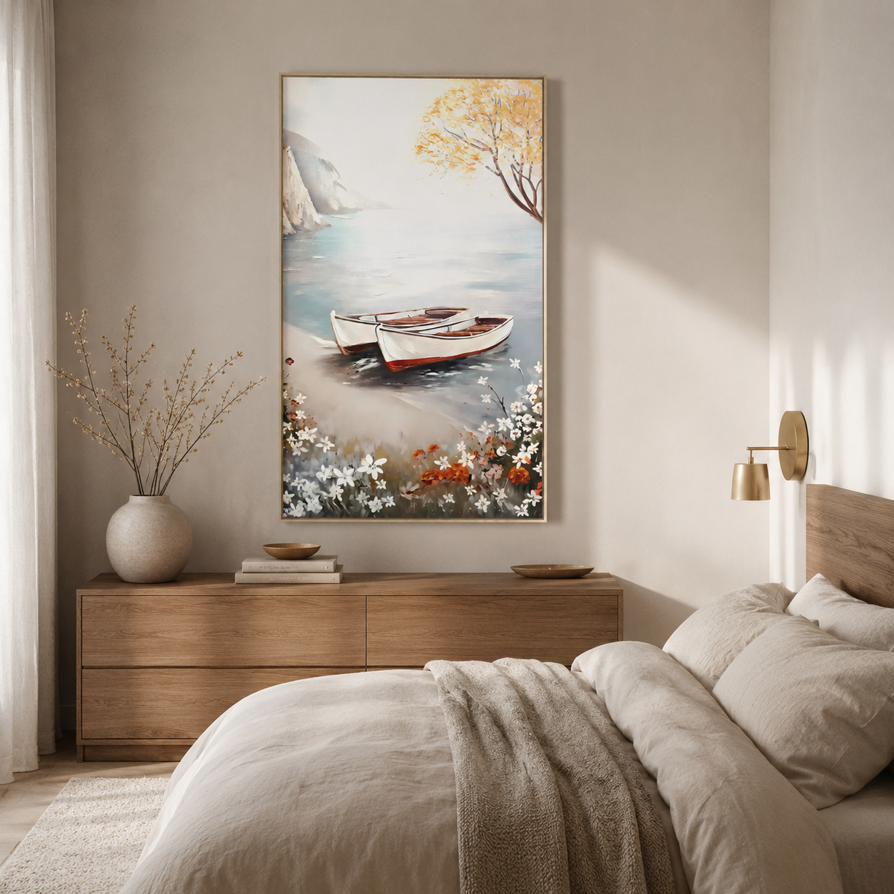 Two Rowboats on Lake Shore