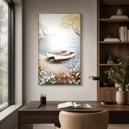 Two Rowboats on Lake Shore