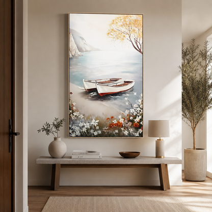 Two Rowboats on Lake Shore